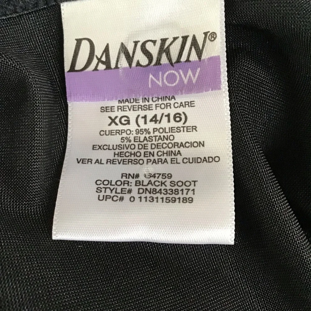 Danskin Now Black Soot Pink Bow‎ Silver Heart Bling Dance Costume Leotard 14/16